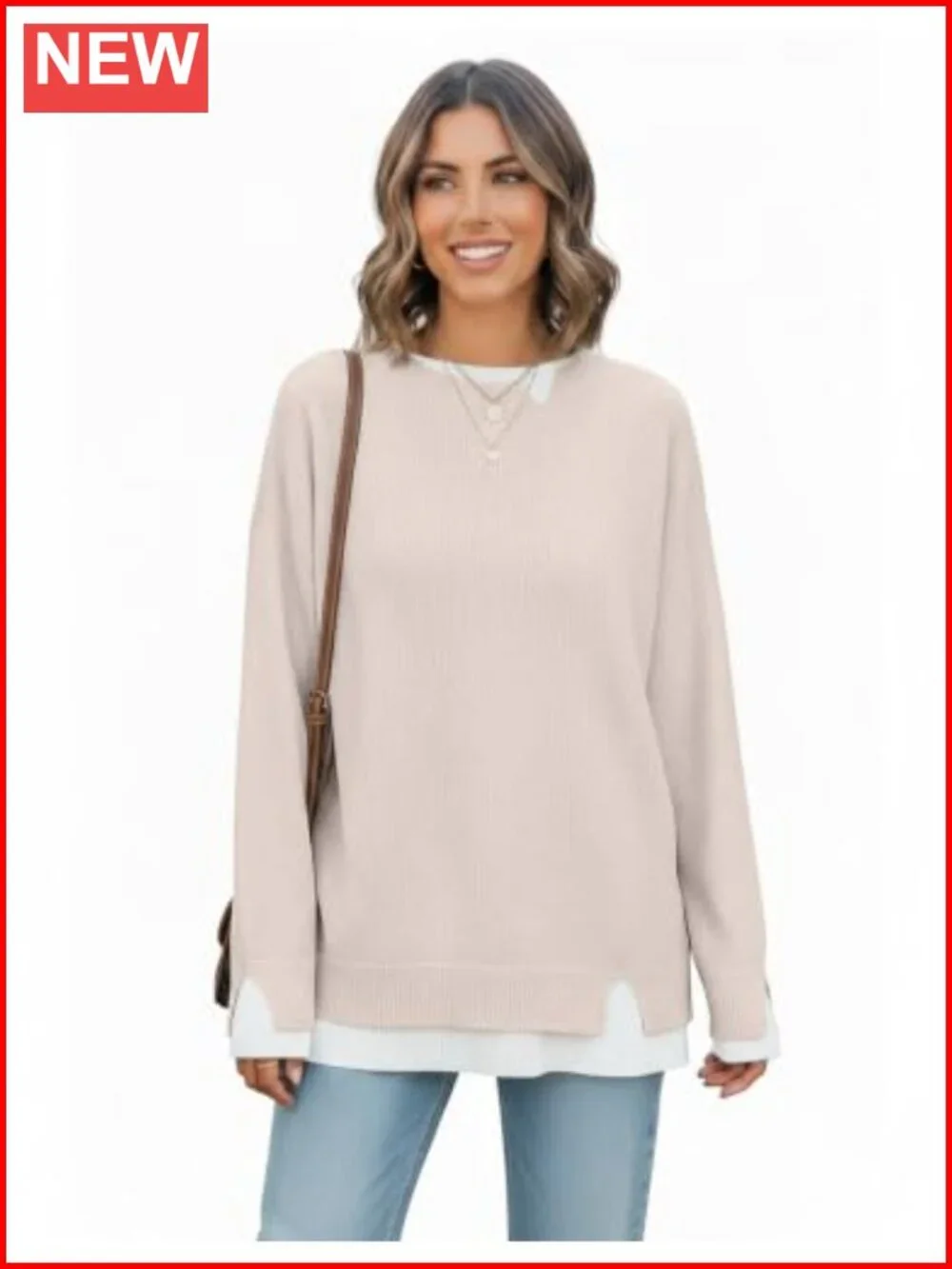 Womens Oversized Patchwork Sweater Crew Neck Pullover Knit